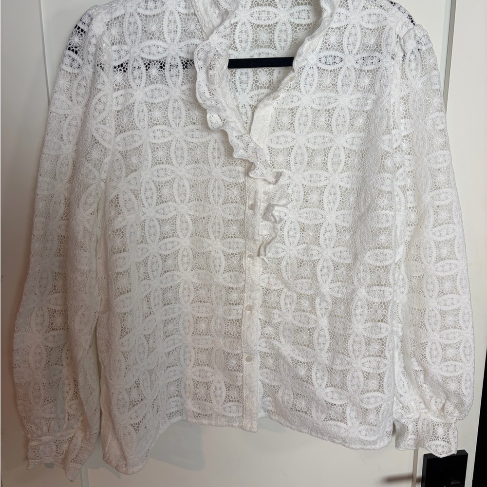 Sezane Chlo White Lace Crochet Button-Down Shirt - Picture 3 of 10